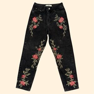 Topshop Highwaist Mom Jeans Embroidered Black Jeans with Red Floral Design